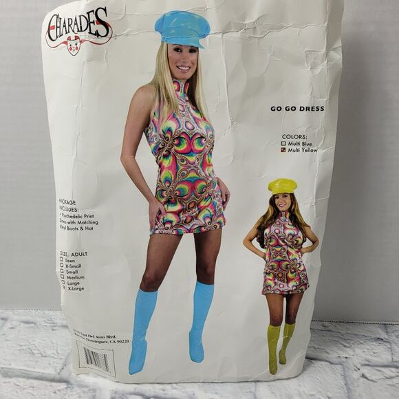 Charades Mod Go Go Flower Power Velour Dress Shiny Yellow Boots & Hat Costume XL - Picture 1 of 15